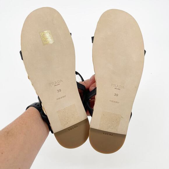 NWOB Prada Black Leather Triangle Logo Plaque Raffia Strappy Flat Sandal IT 39 - Picture 9 of 11